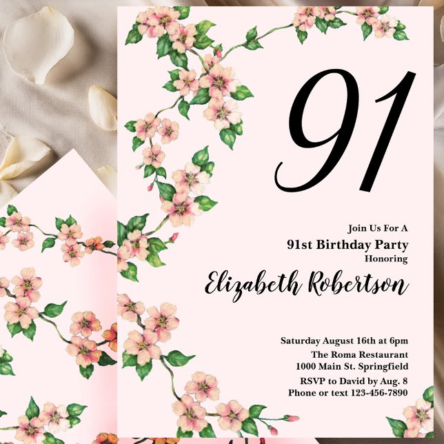 Invitación Floral 91st Birthday Invitation in Blush Pink (Subido por el creador)