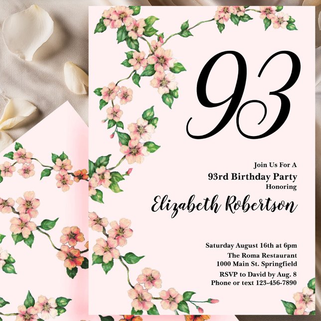 Invitación Floral 93rd Birthday Invitation in Blush Pink (Subido por el creador)