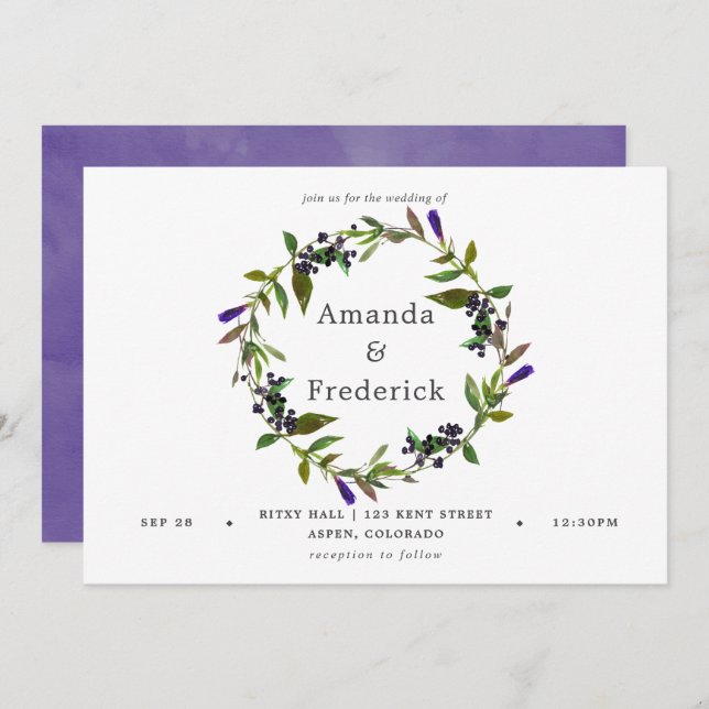 Invitación floral a acuarela Boda ultravioleta (Anverso / Reverso)