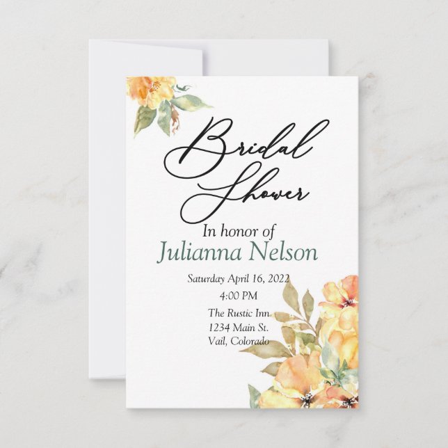 Invitación floral a acuarela naranja y amarilla (Anverso)