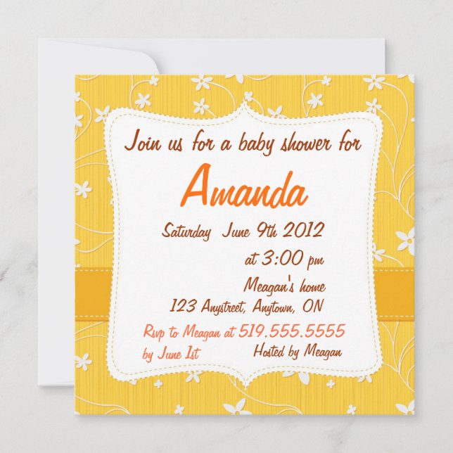 Invitación floral a Baby Shower con flores amarill (Anverso)