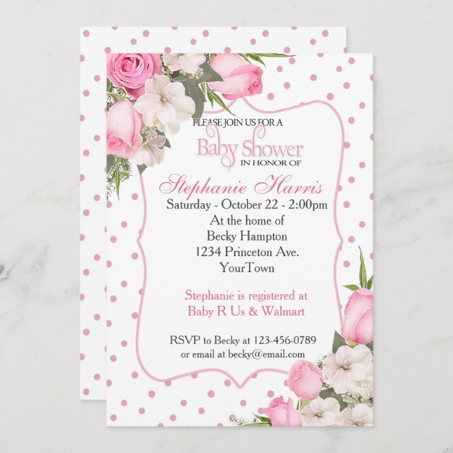 Invitación floral a Baby Shower con rosas rosadas (Anverso / Reverso)