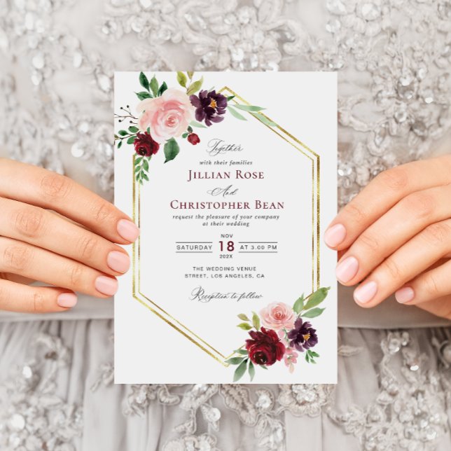 Invitación floral a bodas borgoñosas y ruidosas (Subido por el creador)