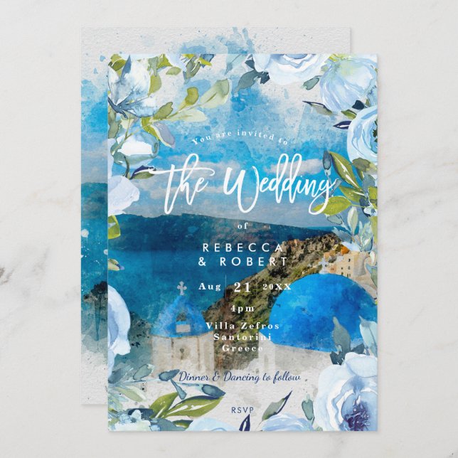 Invitación floral a bodas en verano en Santorini G (Anverso / Reverso)