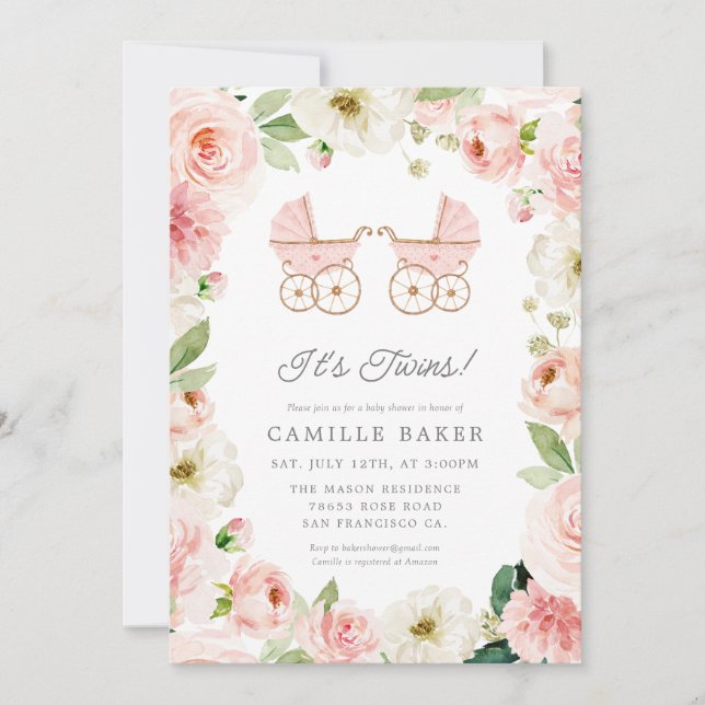 Invitación floral a Chica gemelo Baby Shower (Anverso)