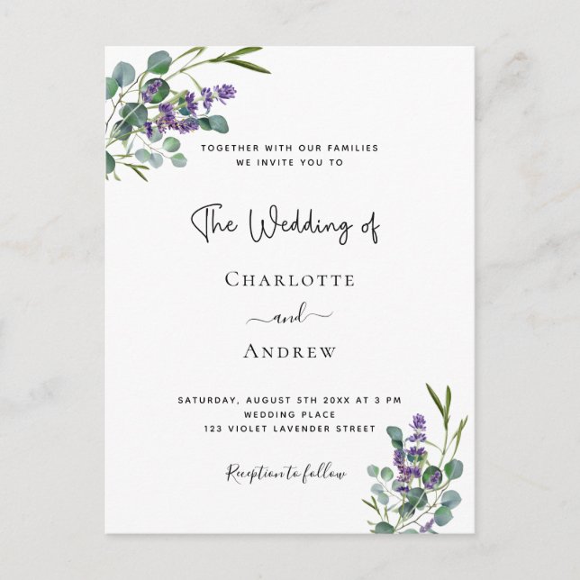 Invitación floral a la boda de Eucalyptus lavender (Anverso)