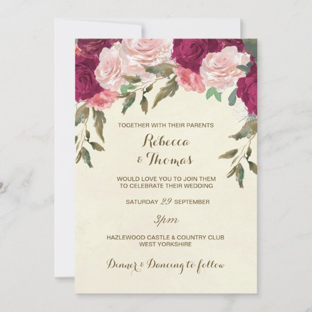 Invitación floral a la boda marfil rosa burgundy (Anverso)
