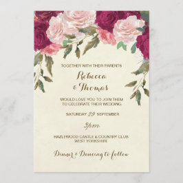 Invitación floral a la boda marfil rosa burgundy