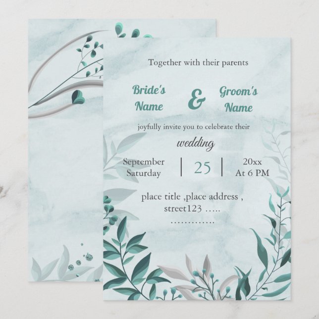 invitación floral a la boda romántica de hojas azu (Anverso / Reverso)