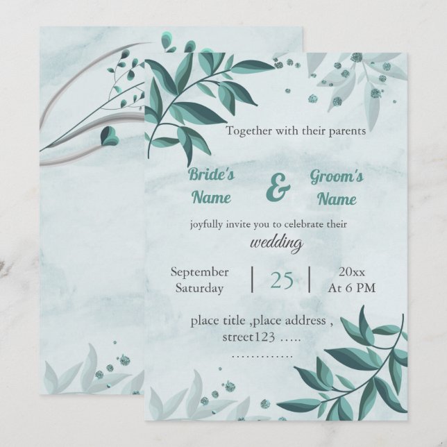 invitación floral a la boda romántica de hojas azu (Anverso / Reverso)