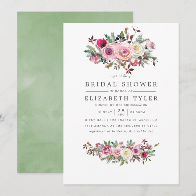Invitación floral a la ducha de novia en invierno (Anverso / Reverso)