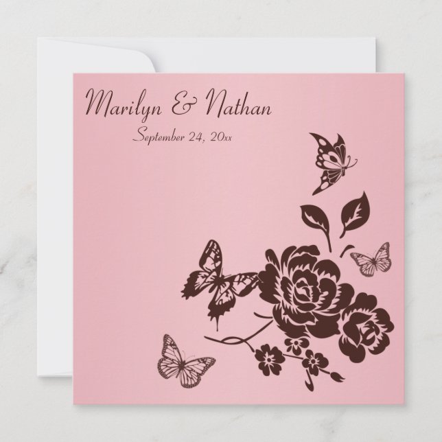 Invitación floral a la mariposa rosa y marrón de R (Anverso)