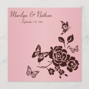 Invitación floral a la mariposa rosa y marrón de R