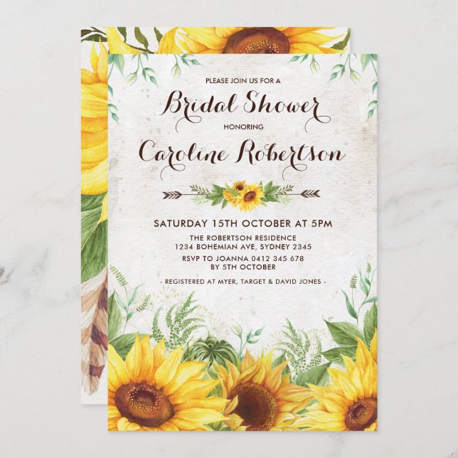 Invitación floral a una ducha de novia con girasol (Anverso / Reverso)