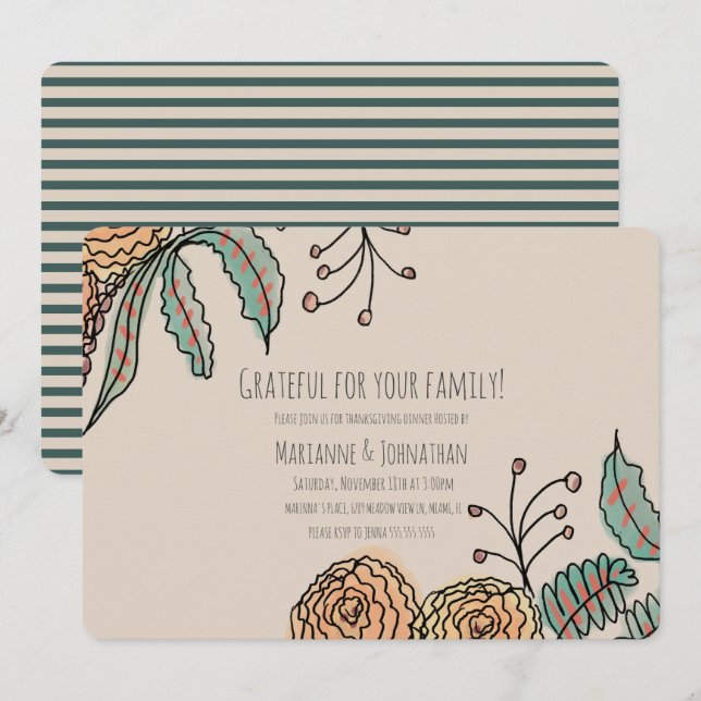 Invitación Floral Acción de Gracias Cena Cena Grfatídica Wrea (Anverso / Reverso)
