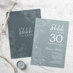 Invitación Floral Acero Azul Sorpresa Botánica 30 cumpleaños<br><div class="desc">Sencilla invitación a la fiesta de cumpleaños 30 de la marina y el azul gris. Diseño moderno minimalista en azul polvoriento de pizarra con acentos botánicos y tipografía tipo letra de guión. Tarjeta de invitación floral femenina de acero azul y blanco perfecta para una elegante celebración de cumpleaños sorpresa para...</div>