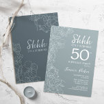 Invitación Floral Acero Azul Sorpresa Botánica 50 cumpleaños<br><div class="desc">Sencilla invitación de fiesta de cumpleaños 50 de color azul marino y gris. Diseño moderno minimalista en azul polvoriento de pizarra con acentos botánicos y tipografía tipo letra de guión. Tarjeta de invitación floral femenina de acero azul y blanco perfecta para una elegante celebración de cumpleaños sorpresa para mujeres. Se...</div>