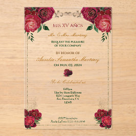 Invitación floral acrílica de rosas rojas Quinceañ