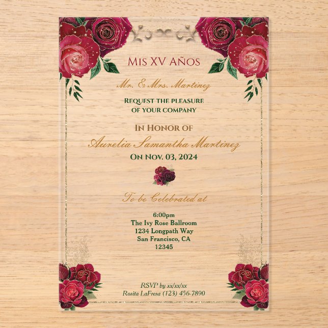 Invitación floral acrílica de rosas rojas Quinceañ (Anverso)