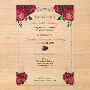 Invitación floral acrílica de rosas rojas Quinceañ