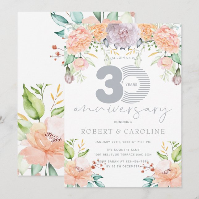 Invitación Floral acuarela 30 aniversario Boda (Anverso / Reverso)
