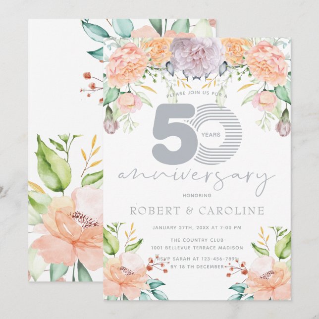 Invitación Floral acuarela 50 aniversario Boda (Anverso / Reverso)