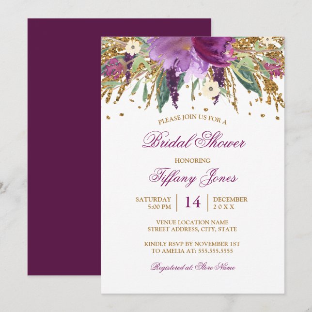 Invitación Floral acuarela Amethyst Bridal Shower (Anverso / Reverso)