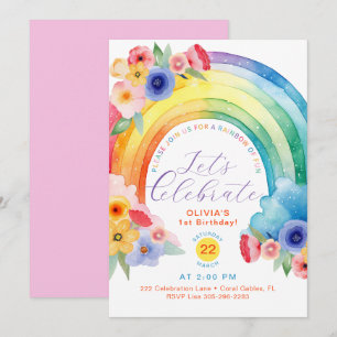 Invitación Floral acuarela Arcoiris Primer cumpleaños Invitac