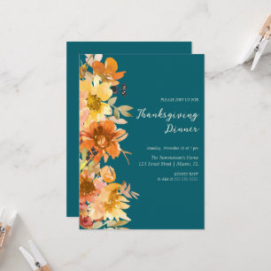 Invitación Floral acuarela Azul cálido Gracias Cena