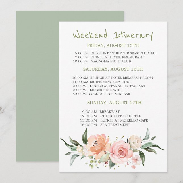 Invitación Floral acuarela Bachelorette Fin de Semana Itinera (Anverso / Reverso)