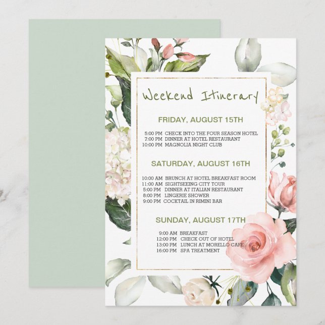 Invitación Floral acuarela Bachelorette Fin de Semana Itinera (Anverso / Reverso)