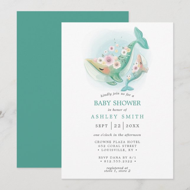 Invitación Floral acuarela Ballena Verde azulada Baby Shower (Anverso / Reverso)