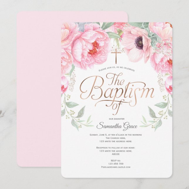 Invitación Floral acuarela, bautismo Chica rosa elegante (Anverso / Reverso)