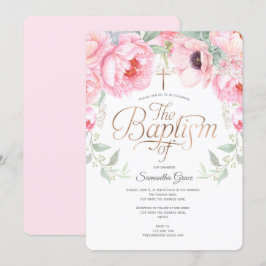 Invitación Floral acuarela, bautismo Chica rosa elegante