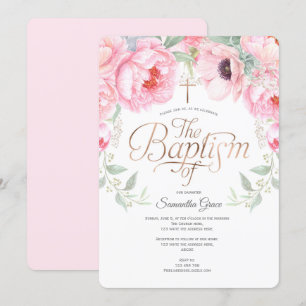 Invitación Floral acuarela, bautismo Chica rosa elegante