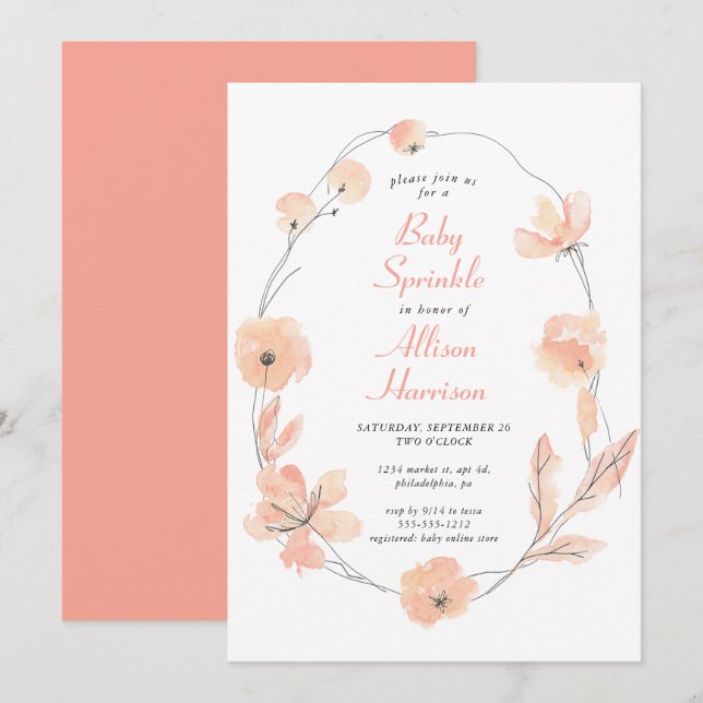 Invitación Floral acuarela Bebé Sprinkle (Anverso / Reverso)