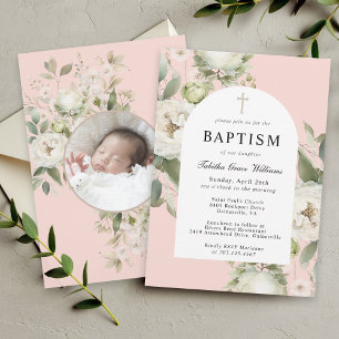 Invitación Floral acuarela blanca con bautismo de foto bebé