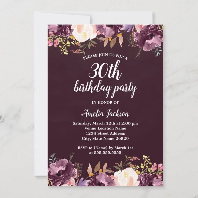 Invitación Floral acuarela Bloom Morado 30 Fiesta de cumpleañ (Anverso)