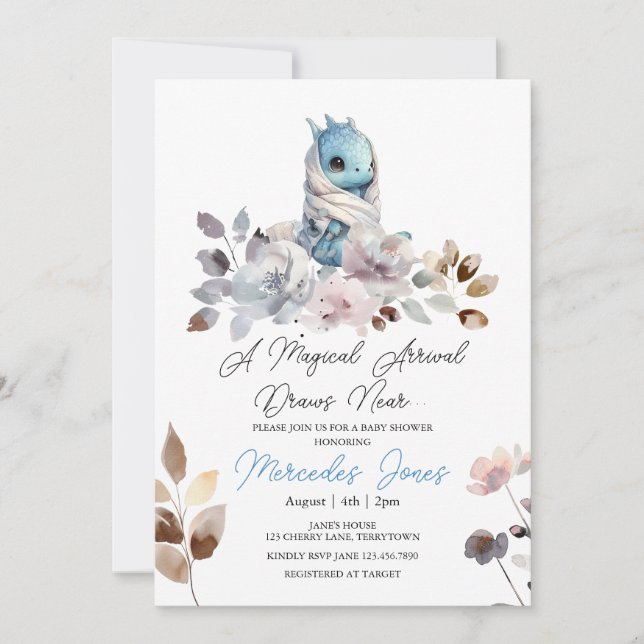 Invitación Floral acuarela Blue Boy Dragon Baby Shower (Anverso)