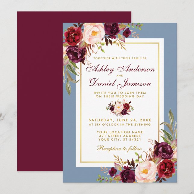 Invitación Floral acuarela Boda azul turbio Borgoña (Anverso / Reverso)