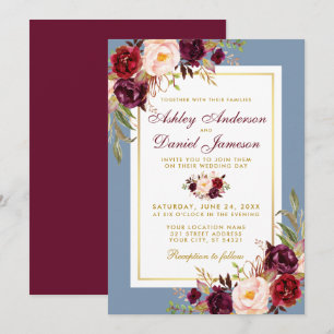 Invitación Floral acuarela Boda azul turbio Borgoña