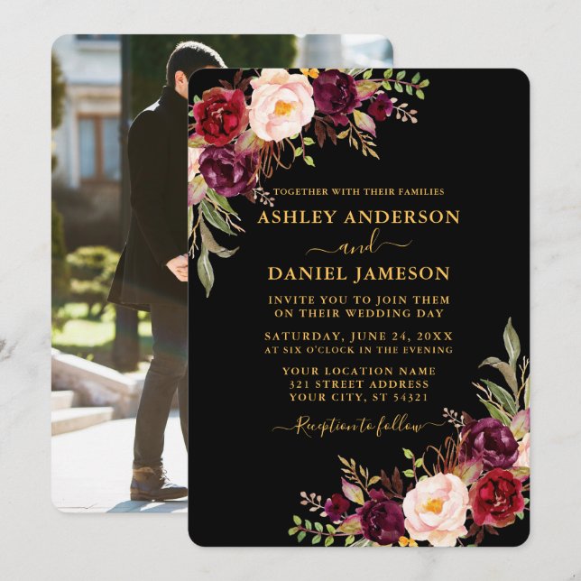 Invitación Floral acuarela Boda de fotografía de oro negro (Anverso / Reverso)