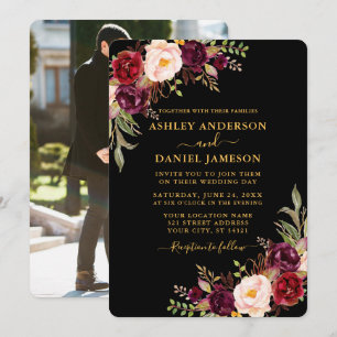 Invitación Floral acuarela Boda de fotografía de oro negro