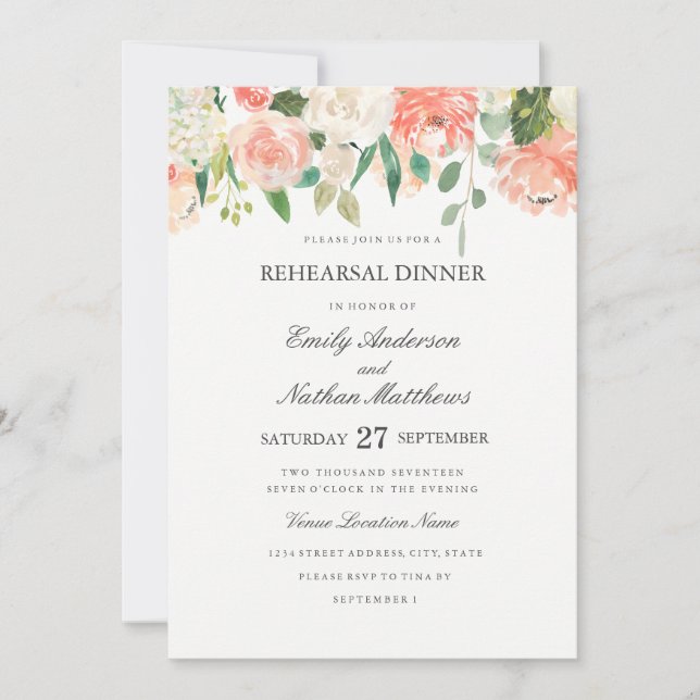 Invitación Floral acuarela Boda Ensayo Cena (Anverso)