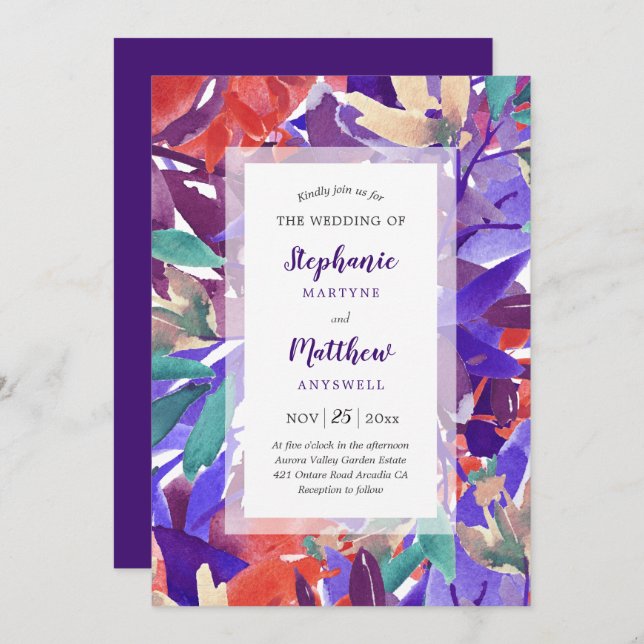 Invitación Floral acuarela Boda morado coral (Anverso / Reverso)
