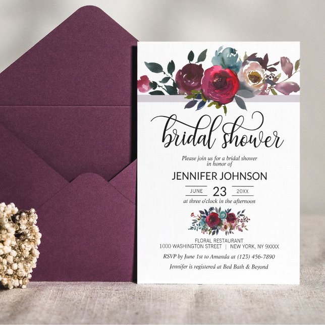 Invitación Floral acuarela Borgoña Morada Ducha Bridal (Subido por el creador)