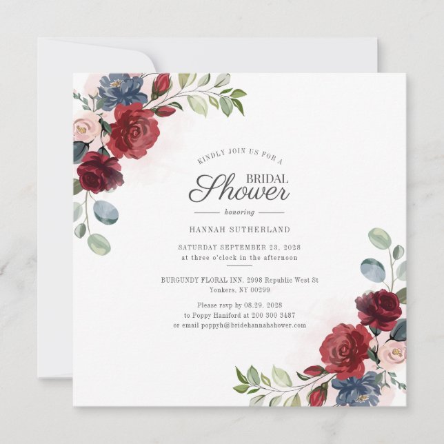Invitación Floral acuarela Borgoña Rubor Bridal Shower (Anverso)