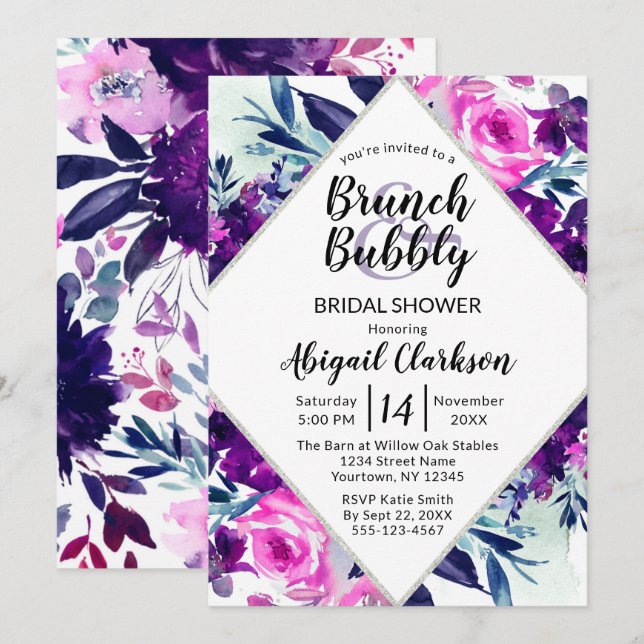Invitación Floral acuarela Brunch & Bubbly Bridal Shower (Anverso / Reverso)