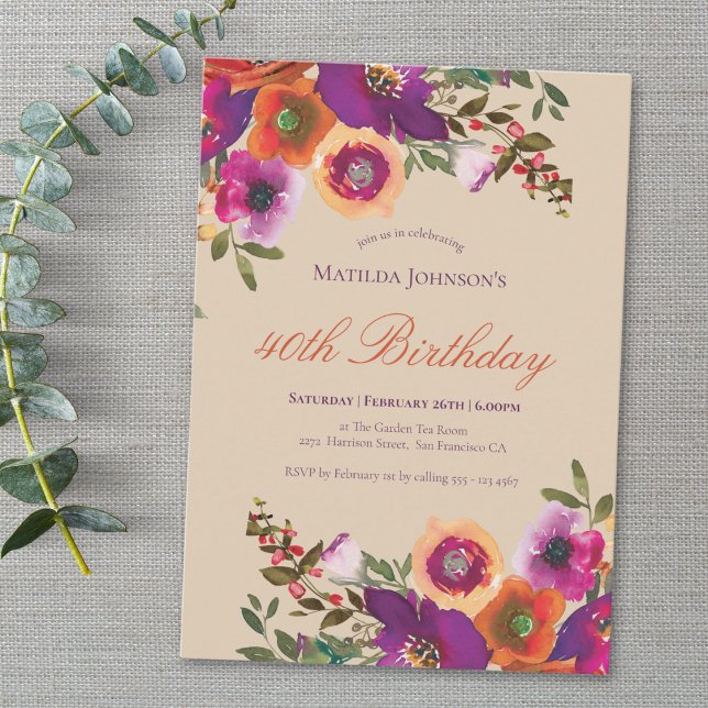 Invitación Floral acuarela Caída 40 cumpleaños (Watercolor Floral Fall 40th Birthday Invitation)