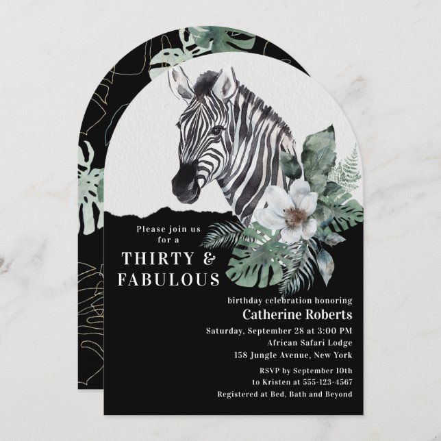 Invitación Floral acuarela Cebra salvaje Treinta y Treinta Añ (Anverso / Reverso)